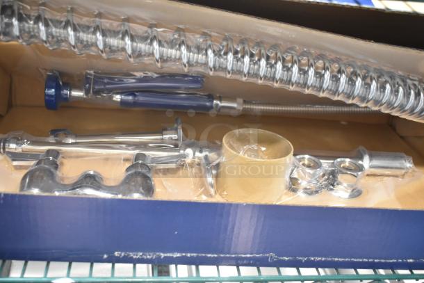 BRAND NEW Waterloo 750PRD4X pre-rinse faucet, scratch and dent, 1.15 GPM, deck-mounted with 4" centers, in original packaging.