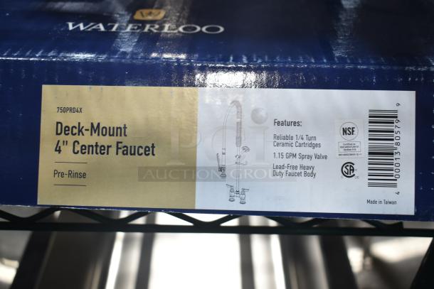 Brand new Waterloo 750PRD4X deck-mounted pre-rinse faucet, 1.15 GPM, 4" centers. Features ceramic cartridges, heavy-duty body.