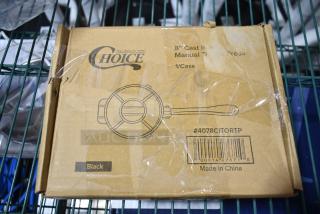 Box of Choice 4078CITORTP 8" Cast Iron Tortilla Press, labeled "Black," with visible scratches and dents. Made in China.