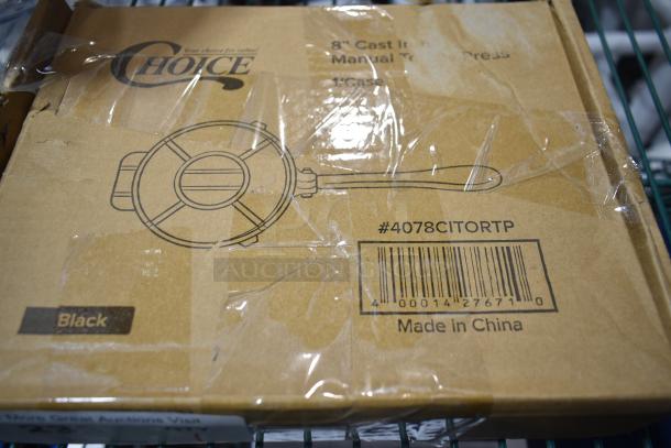 Choice 4078CITORTP 8" Cast Iron Tortilla Press, Black, new with scratch and dent, packaged in original box.