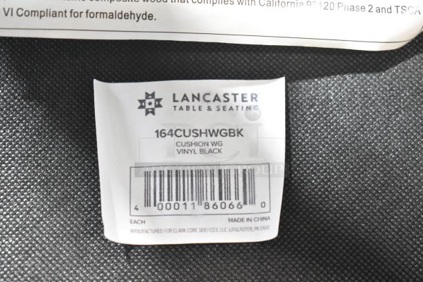 Label on Lancaster Table & Seating bar stool with model 164CUSHWGBK, cushion WG, vinyl black. Made in China.