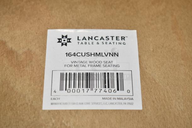 Label on cardboard box with Lancaster Table & Seating branding. Model 164CUSHMLVNN. Made in Malaysia. Vintage wood seat for metal frame seating.