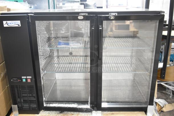 Avantco 178UBB48GTG 48" underbar refrigerator, black, narrow glass doors, broken glass on left, galvanized top, LED lighting.