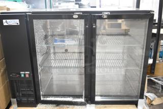 Avantco 178UBB48GTG 48" underbar refrigerator, black, narrow glass doors, broken glass on left, galvanized top, LED lighting.