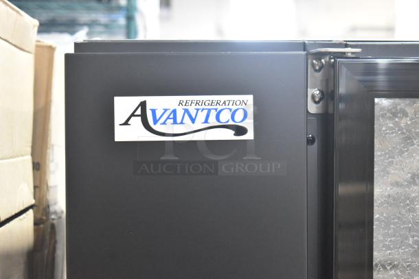 Brand new Avantco 178UBB48GTG black underbar refrigerator with glasstop, LED lighting, and broken glass. 115V, 1 Phase.