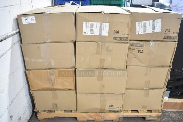 24 new boxes of 100 mop toilet bowls each on pallet. Boxes are sealed and labeled "200 QTY: 100".