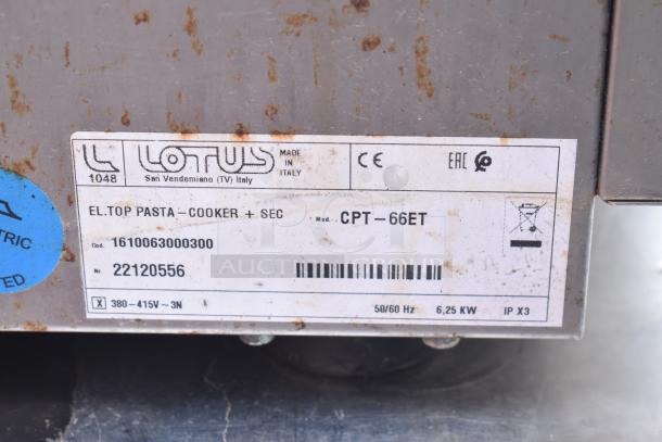 2022 Lotus CPT-66ET countertop electric pasta cooker, model CPT-66ET, with metal fry baskets. Visible wear and labels.