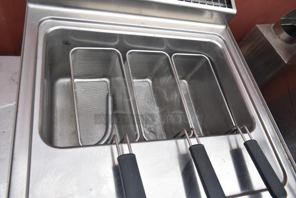 2022 Lotus CPT-66ET countertop electric pasta cooker with metal fry baskets, stainless steel construction, excellent condition.