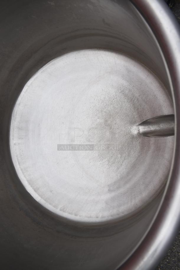 Vulcan-Hart GL40E steam kettle interior. 40-gallon, stainless steel, commercial grade. Slight wear visible.