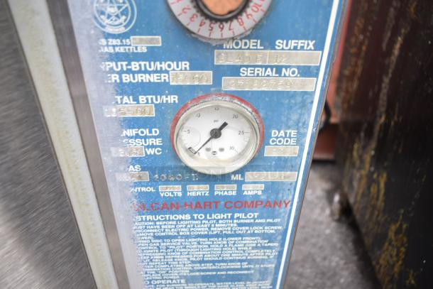 Vulcan-Hart GL40E steam kettle control panel, showing gauges and labels. 40-gallon, 105,000 BTU, natural gas-powered.