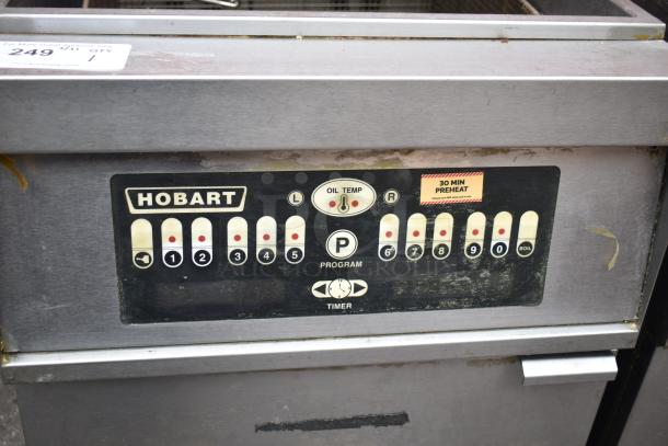 Hobart 1HF85C Commercial Deep Fat Fryer, features programmable controls, visible wear, oil temp and timer indicators.