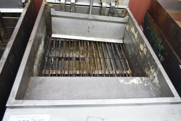 Hobart 1HF85C commercial floor deep fat fryer, stainless steel, signs of use, suitable for high-volume frying.