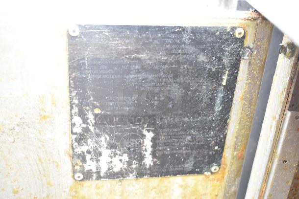 Hobart 1HF85C commercial deep fat fryer, metal identification plate, visible wear and markings, model and specs details.