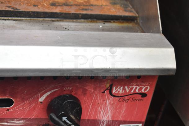 Avantco Commercial Flat Top Griddle, Chef Series, shows wear with visible scratches and rust, featuring temperature dial.