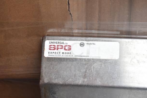 Label on table by Universal SPG, reads "Expect More," Aurora, CO, USA, 877-503-4774, www.spgusa.com.