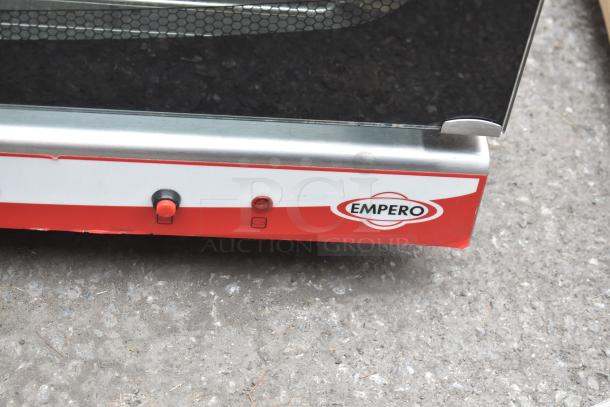 Empero EMP.PFE4-U commercial countertop convection oven, red and stainless steel finish, Empero logo visible.