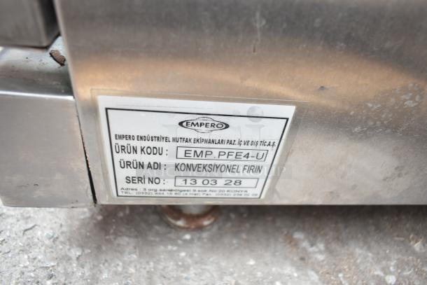 Empero EMP.PFE4-U commercial countertop convection oven label shows model and serial number details.