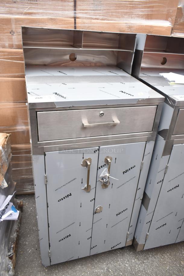 Brand new Lavex 257RD2523EBC mobile desk with enclosed base, showing protective film, with scratches and dents.