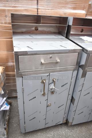 Brand new Lavex 257RD2523EBC mobile desk with enclosed base, showing protective film, with scratches and dents.