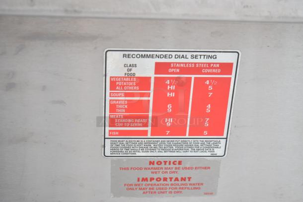 Commercial 2 well steam table label showing recommended dial settings for various food types.