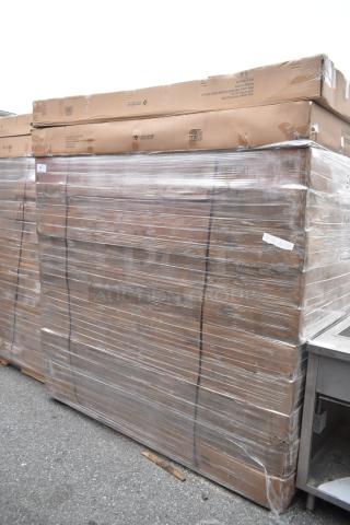 12 new Lancaster Vineyard 5' round barrel brown wood folding tables in original packaging, showing minor scratches and dents.
