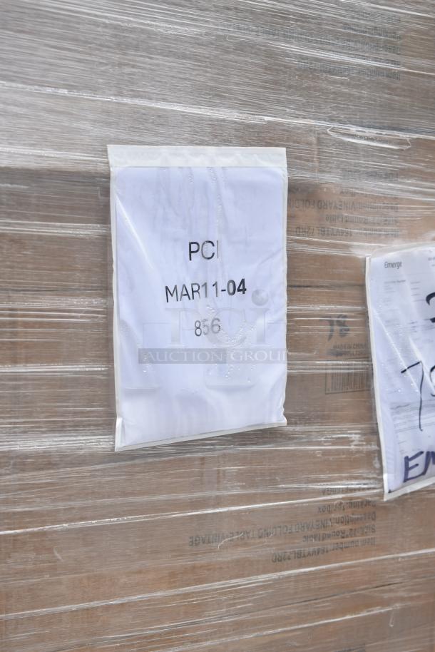 12 new Lancaster 5' round barrel brown wood folding tables. Tags show "PCI MAR11-04 856". Scratch and dent condition.