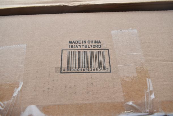 Cardboard box labeled "Made in China" with model number 164VYTBL72RD and barcode. Contains 12 scratch and dent Lancaster wood folding tables.