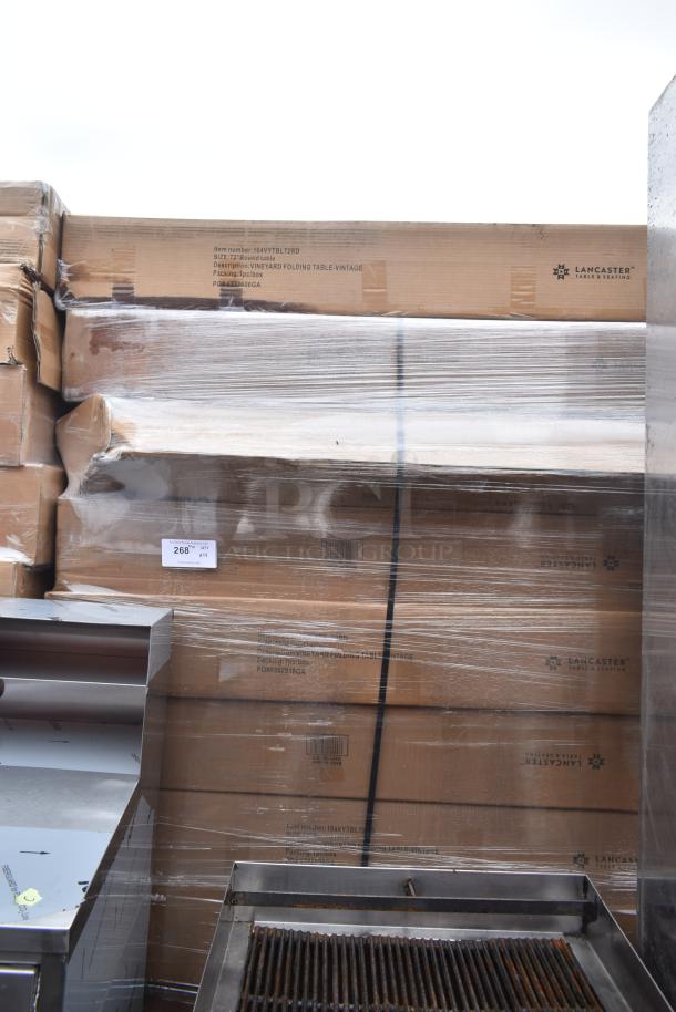 12 new Lancaster 164VYTBL72RD Vineyard 5' round folding tables, barrel brown, scratch and dent condition, in boxes.