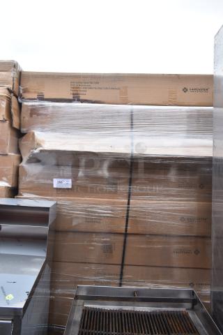 12 new Lancaster 164VYTBL72RD Vineyard 5' round folding tables, barrel brown, scratch and dent condition, in boxes.