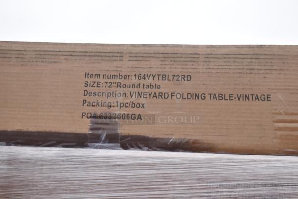 12 new Lancaster 72" round folding tables in barrel brown wood, model 164VYTBL72RD, marked "VINEYARD FOLDING TABLE-VINTAGE."