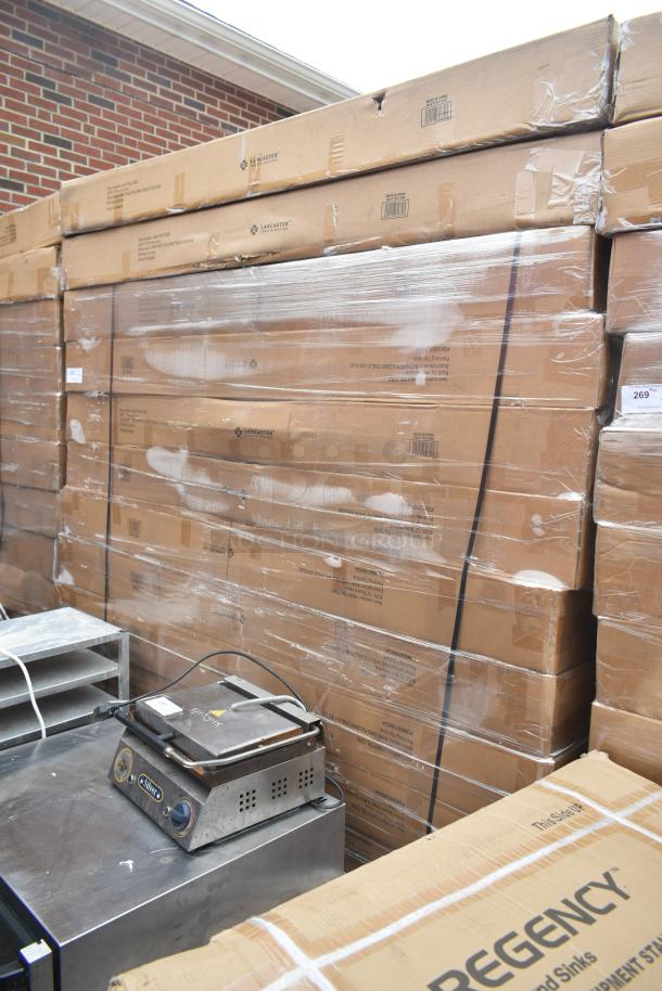 12 boxed Lancaster 164VYTBL72RD 5' round barrel brown wood folding tables. Scratch and dent condition.