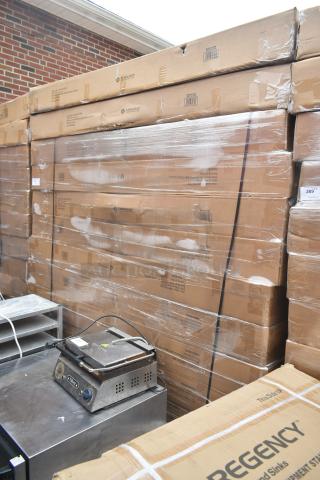 12 boxed Lancaster 164VYTBL72RD 5' round barrel brown wood folding tables. Scratch and dent condition.