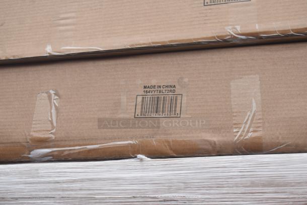 12 new Lancaster Table & Seating 164VYTBL72RD 5' round wood folding tables, scratch and dent, in original packaging.