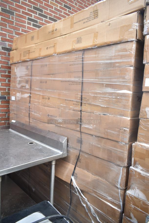 Twelve new Lancaster Table & Seating 5' round wood folding tables, Vineyard 164VYTBL72RD, in original packaging.