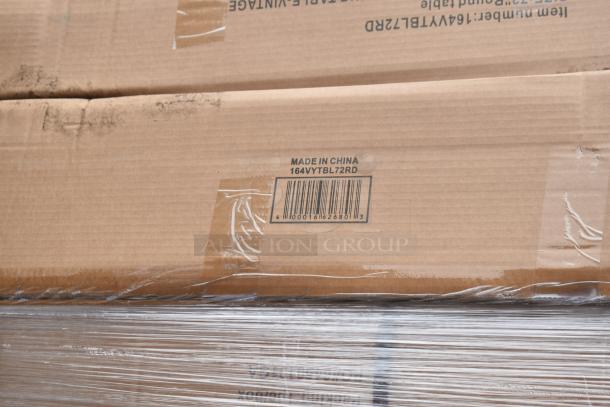12 new Lancaster Table & Seating 164VYTBL72RD 5' round wood folding tables in barrel brown, scratch and dent, boxed.