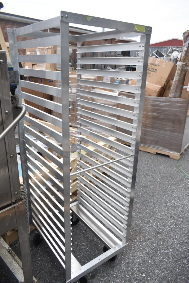 BRAND NEW SCRATCH AND DENT Metro RF13N 36 pan aluminum roll-in refrigerator rack, end load design, on wheels.