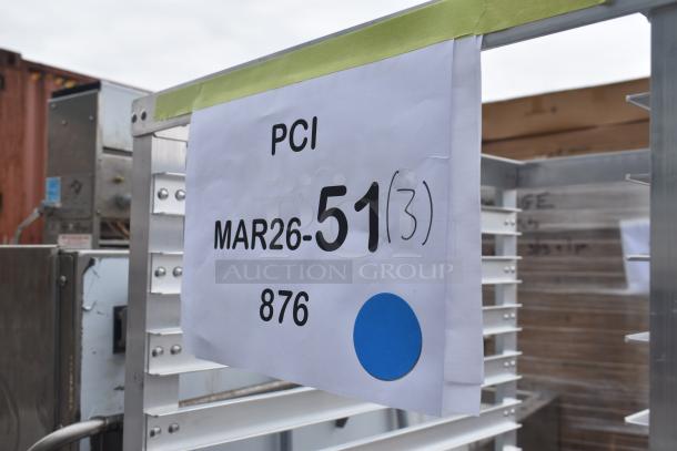 BRAND NEW Metro RF13N 36 Pan End Load Aluminum Roll-In Refrigerator Rack, scratch and dent condition, labeled "PCI MAR26-51(3) 876" with a blue dot.
