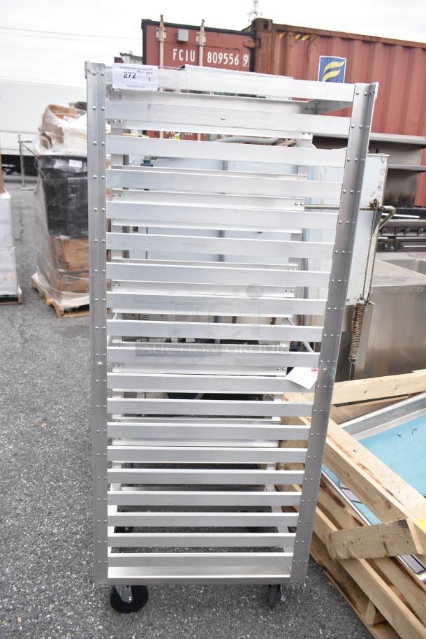 Brand new Metro RF13N aluminum roll-in refrigerator rack, 36 pan capacity, scratch and dent condition, end load design.