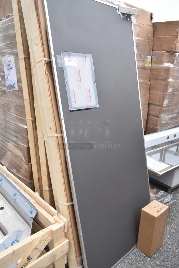 5 new Regency 600TD3684 aluminum swinging traffic doors, 36"x84", with 9"x14" windows. Scratch and dent condition.