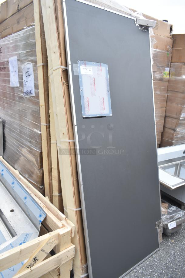 5 new Regency aluminum swinging traffic doors, 36"x84", with 9"x14" window, scratch and dent condition.