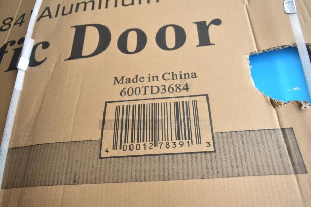 5 new Regency aluminum swinging traffic doors, 36"x84", model 600TD3684, with 9"x14" window, scratch and dent.