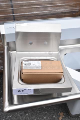 Wall-mounted hand sink, Regency 600HS12, 12" x 16", brushed stainless steel, includes gooseneck faucet, new with minor dents.