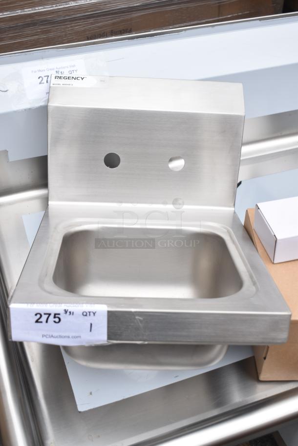 Regency 600HS12 12"x16" wall-mounted hand sink with gooseneck faucet, brand new with minor scratches and dents.