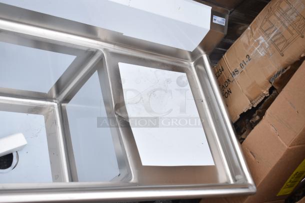 BRAND NEW SCRATCH AND DENT KoolMore KM-SC181814-1883 stainless steel 3 bay sink, dual drain boards, no legs visible.