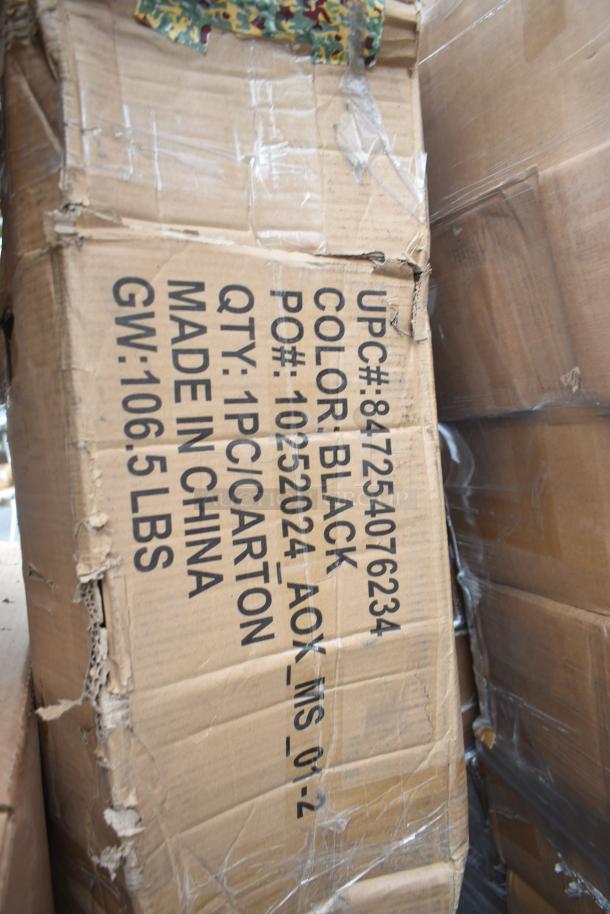 Cardboard box with visible scratches and dents, labeled "Color: Black, Made in China, 1 PC/Carton, GW: 106.5 LBS."