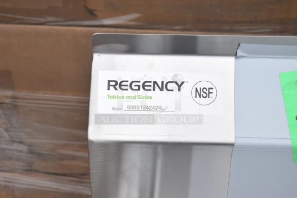 Regency 600S1242424L single bay sink, brand new with left side drain board, slight dents. NSF certified label included.