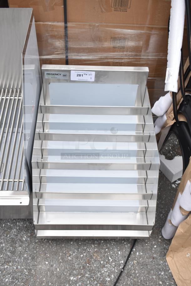 Regency 600LDR2318 five-tiered stainless steel liquor display rack, 18" tall, 23" deep, scratch and dent condition, no legs.