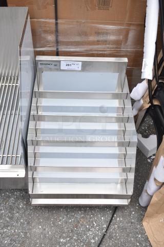 Regency 600LDR2318 five-tiered stainless steel liquor display rack, 18" tall, 23" deep, scratch and dent condition, no legs.