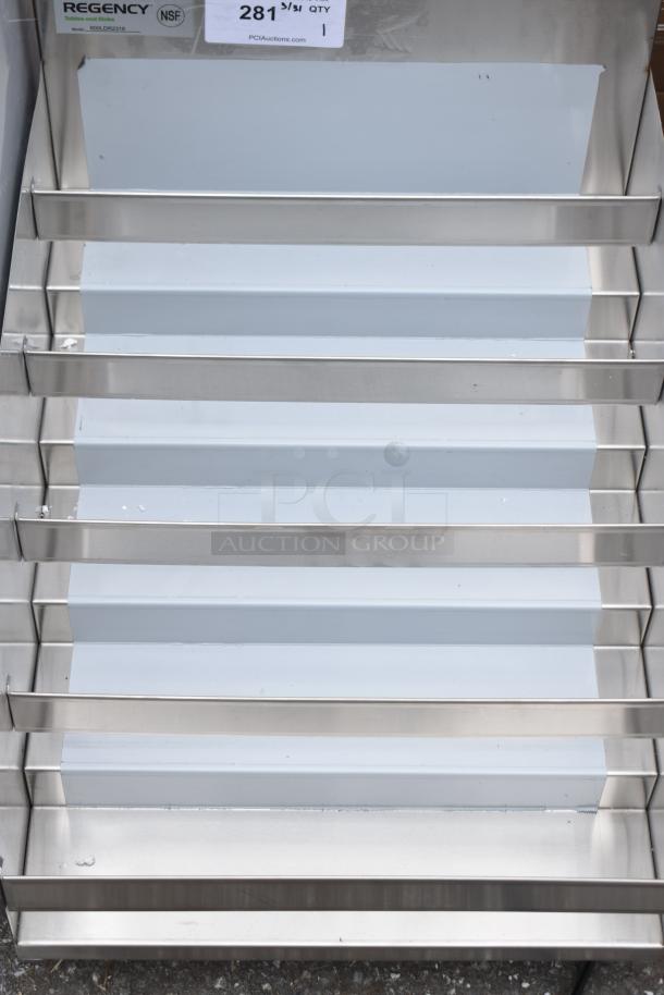 Brand new Regency 600LDR2318 five-tier stainless steel liquor display rack, 18"x23", scratch and dent, no legs.