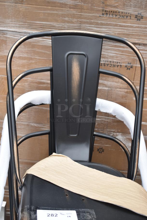 4 brand new Lancaster Table & Seating distressed copper outdoor cafe chairs, scratch and dent condition.